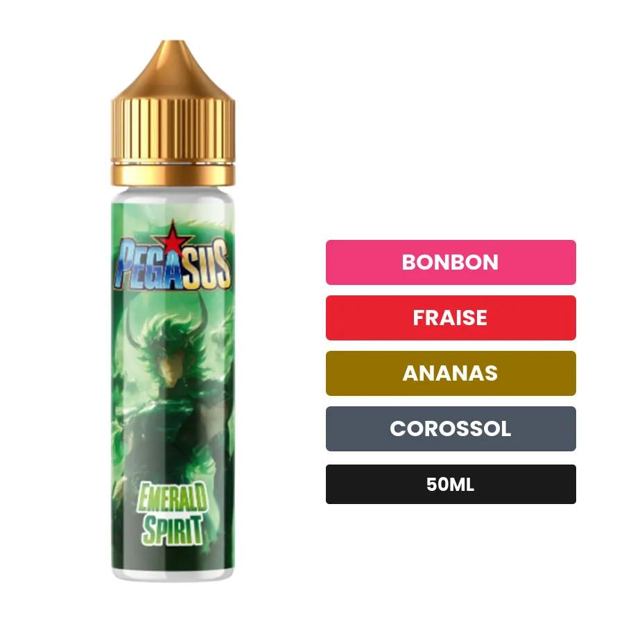 E-liquide Emerald Spirit de Pegasus, 50 ml, saveurs bonbon, fraise, ananas et 2 autres.