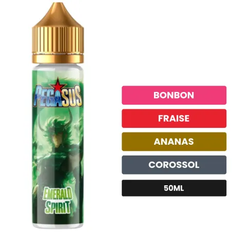 E-liquide Emerald Spirit de Pegasus, 50 ml, saveurs bonbon, fraise, ananas et 2 autres.