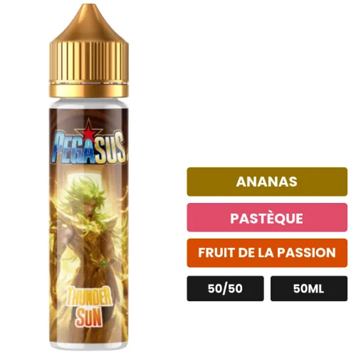E-liquide Thunder Sun de Pegasus, 50 ml, saveurs ananas, pastèque et fruit de la passion.