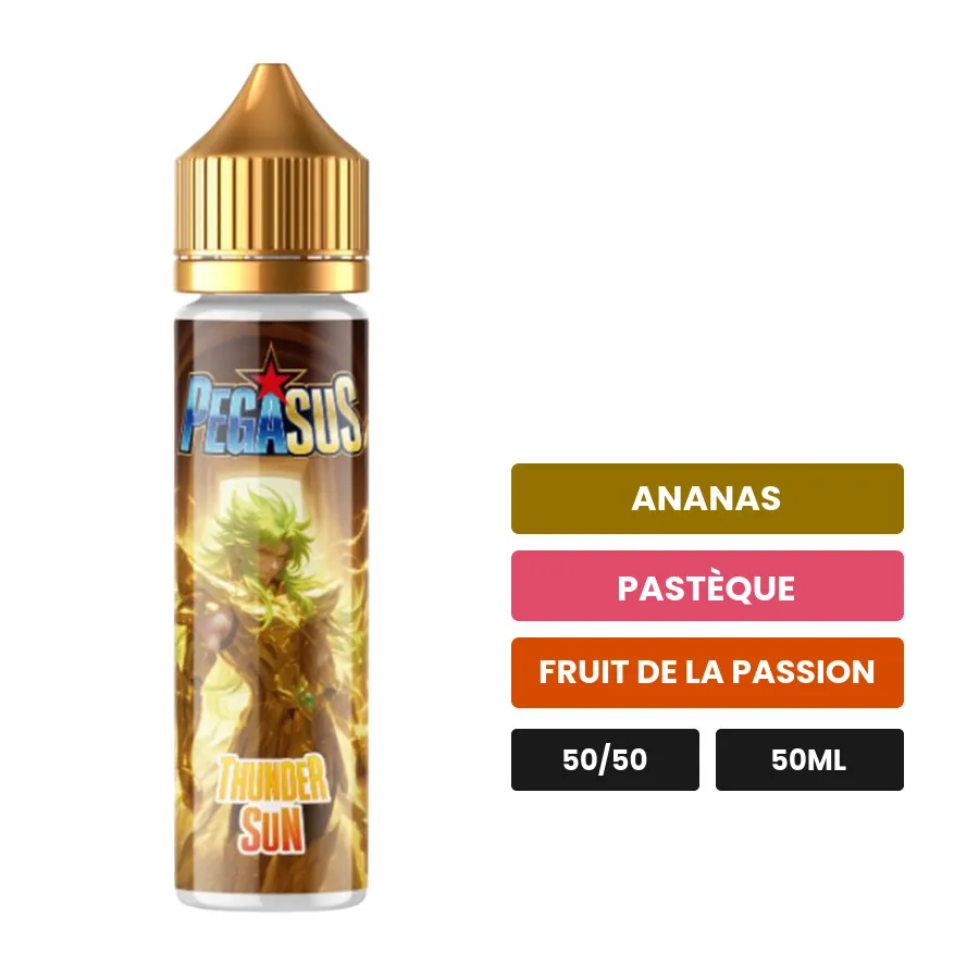 E-liquide Thunder Sun de Pegasus, 50 ml, saveurs ananas, pastèque et fruit de la passion.