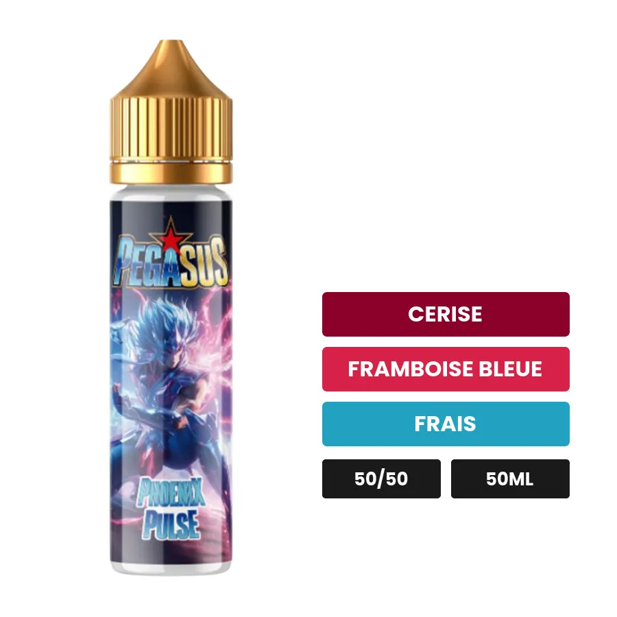 E-liquide Phoenix Pulse de Pegasus, 50 ml, saveurs cerise, framboise bleue et frais.
