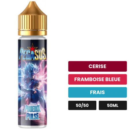 E-liquide Phoenix Pulse de Pegasus, 50 ml, saveurs cerise, framboise bleue et frais.
