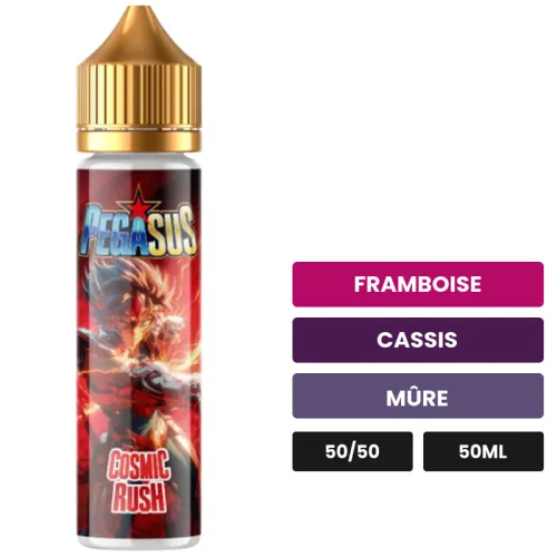 E-liquide Cosmic Rush de Pegasus, 50 ml, saveurs framboise, cassis et mûre.