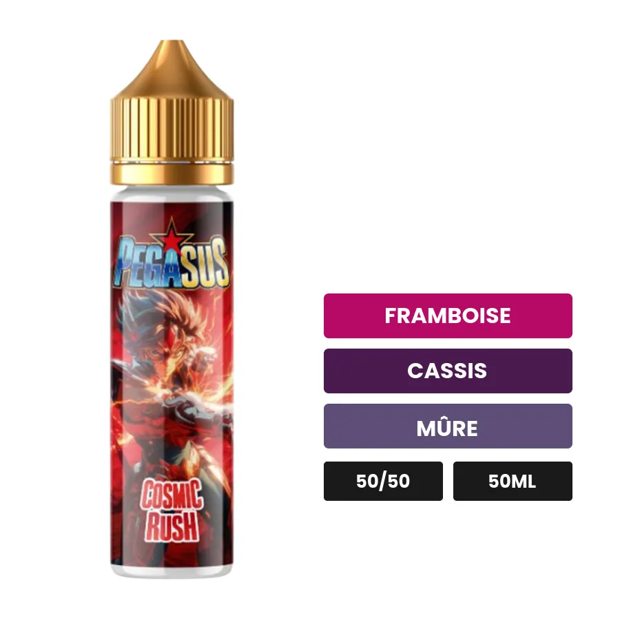 E-liquide Cosmic Rush de Pegasus, 50 ml, saveurs framboise, cassis et mûre.