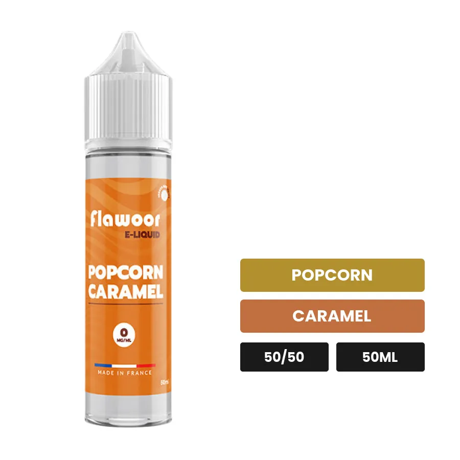 E-liquide Popcorn Caramel de Flawoor, 50 ml, saveurs popcorn et caramel.