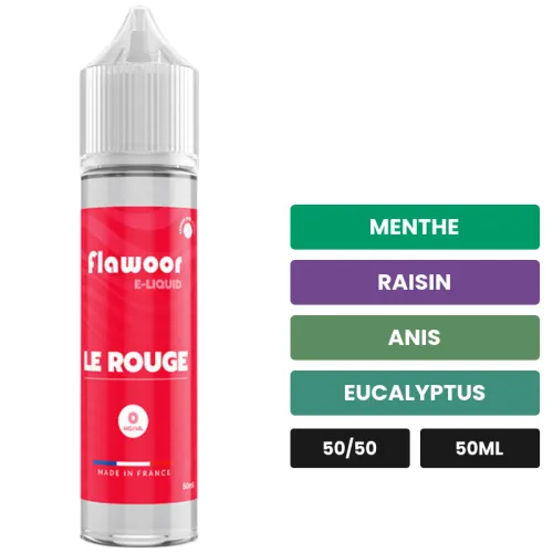 E-liquide Le Rouge de Flawoor, 50 ml, saveurs menthe, raisin, anis et 2 autres.