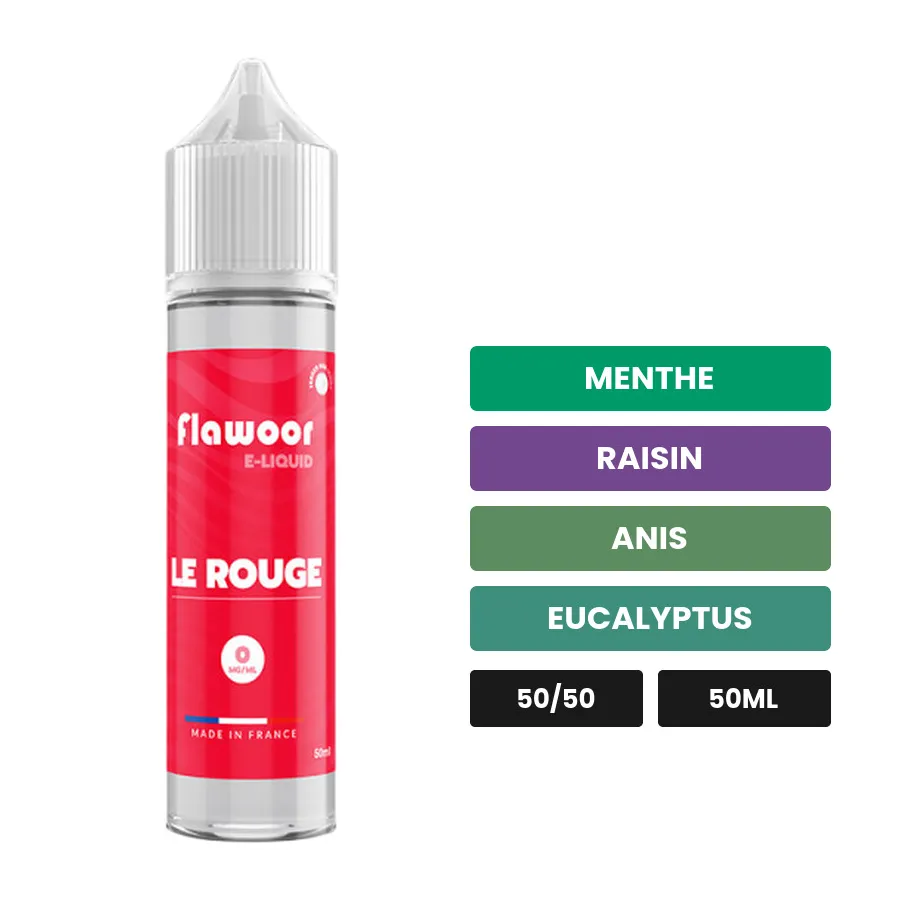 E-liquide Le Rouge de Flawoor, 50 ml, saveurs menthe, raisin, anis et 2 autres.