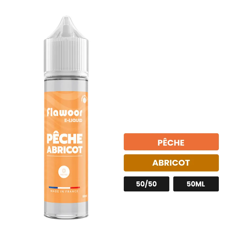 E-liquide Pêche Abricot de Flawoor, 50 ml, saveurs pêche et abricot.