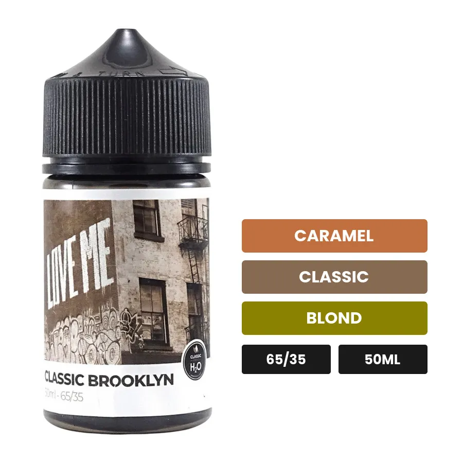 E-liquide Classic Brooklyn de Laboratoire H2O, 50 ml, saveurs caramel, classic et blond.