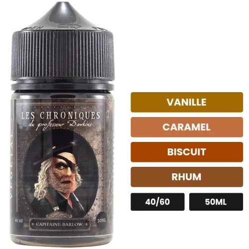 E-liquide Capitaine Barlow de Laboratoire H2O, 50 ml, saveurs vanille, caramel, biscuit et 1 autre.