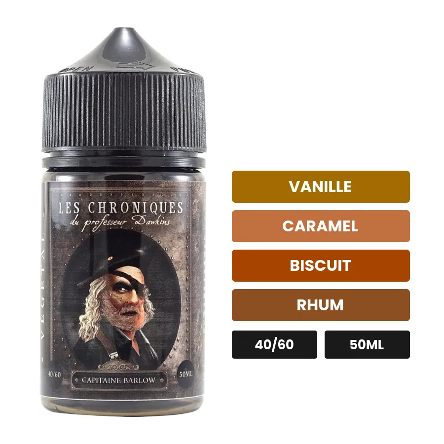 E-liquide Capitaine Barlow de Laboratoire H2O, 50 ml, saveurs vanille, caramel, biscuit et 1 autre.