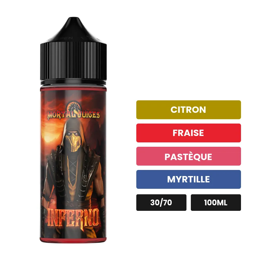 E-liquide Inferno d'Extrapure, 100 ml, saveurs citron, fraise, pastèque et 3 autres.