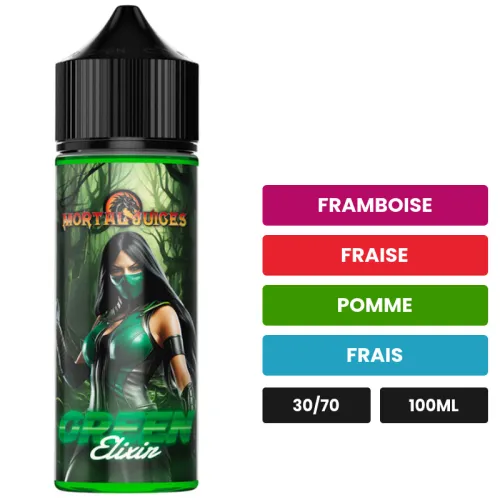 E-liquide Green Elixir d'Extrapure, 100 ml, saveurs framboise, fraise, pomme et 1 autre.