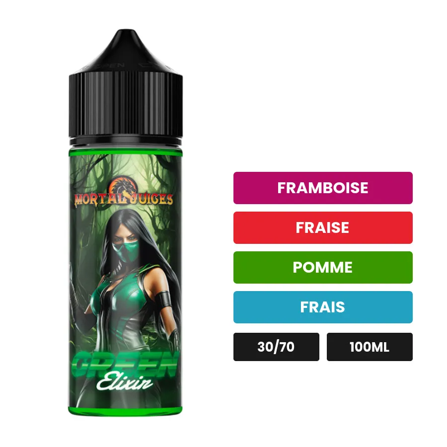 E-liquide Green Elixir d'Extrapure, 100 ml, saveurs framboise, fraise, pomme et 1 autre.