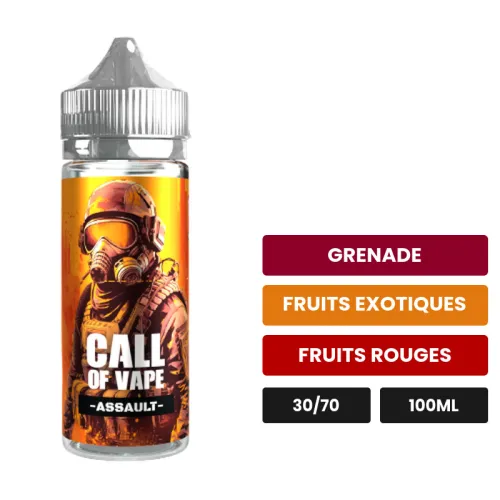 E-liquide Assault de Cloud Vapor, 100 ml, saveurs grenade, fruits exotiques et fruits rouges, sans nicotine — prêt à booster.