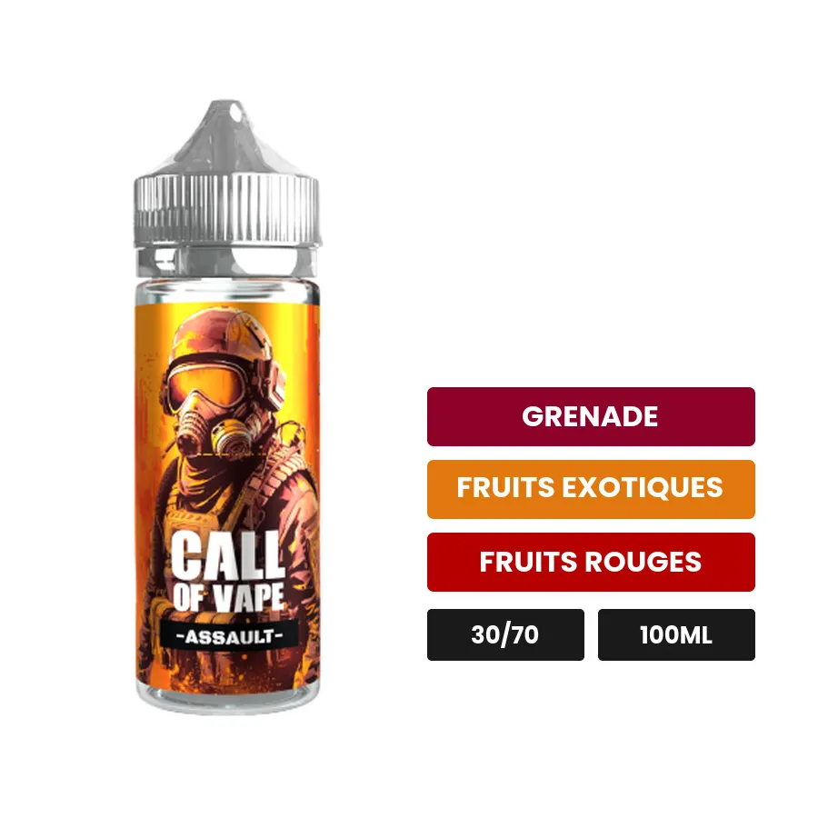 E-liquide Assault de Cloud Vapor, 100 ml, saveurs grenade, fruits exotiques et fruits rouges, sans nicotine — prêt à booster.