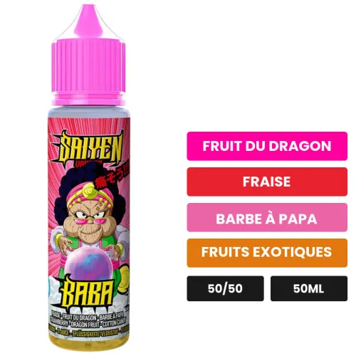 E-liquide Baba de Swoke, 50 ml, saveurs fruit du dragon, fraise, barbe à papa et 1 autre.