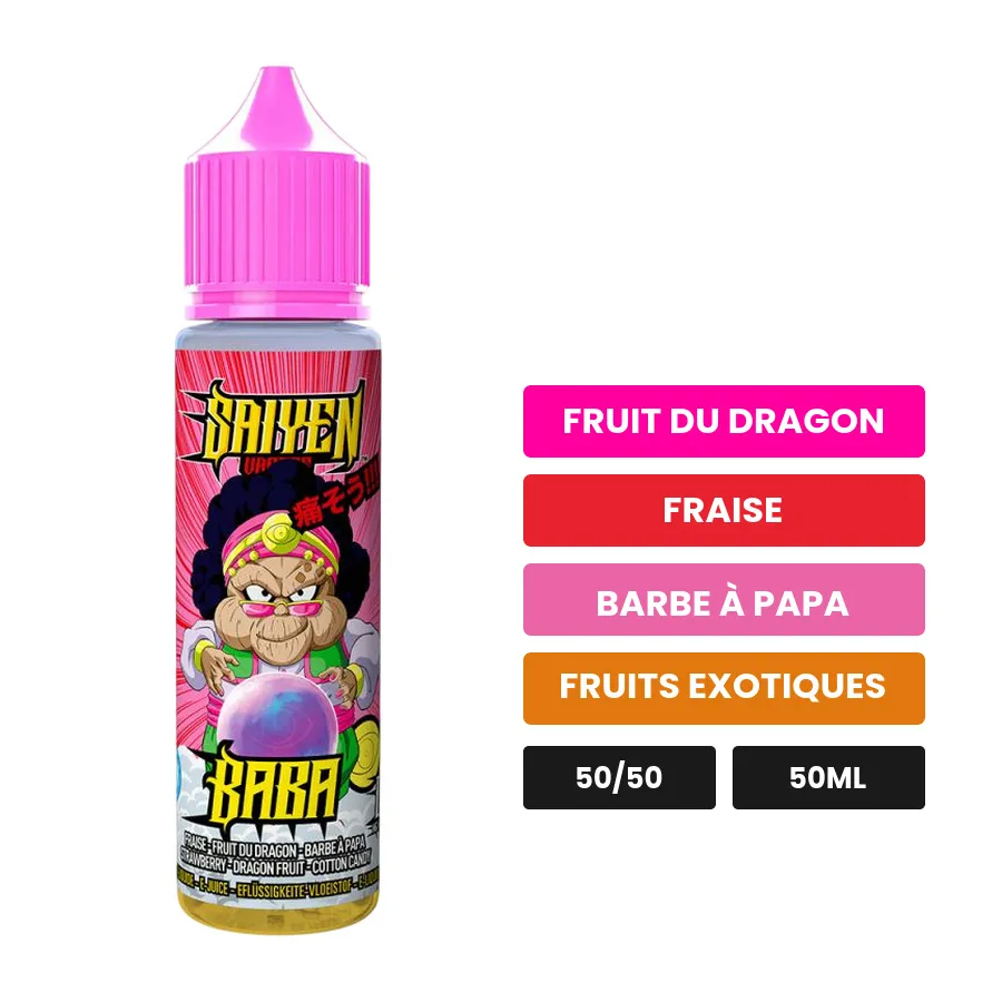 E-liquide Baba de Swoke, 50 ml, saveurs fruit du dragon, fraise, barbe à papa et 1 autre.