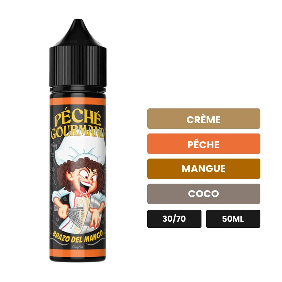 E-liquide Brazo Del Mango Péché Gourmand d'O'Jlab, 50 ml, saveurs crème, pêche, mangue et 3 autres.