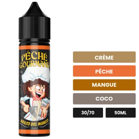 E-liquide Brazo Del Mango Péché Gourmand d'O'Jlab, 50 ml, saveurs crème, pêche, mangue et 3 autres.