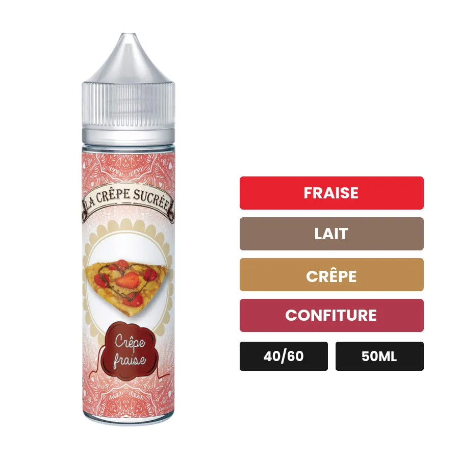 E-liquide Crêpe Sucrée Fraise de La Crêpe Sucrée, 50 ml, saveurs fraise, lait, crêpe et 2 autres.
