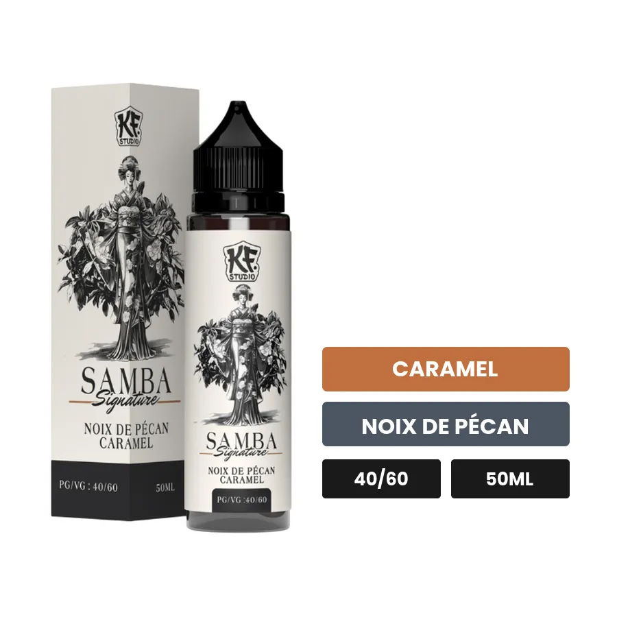 E-liquide Samba 40 60 de Cloud Vapor, 50 ml, saveurs caramel et noix de pécan.