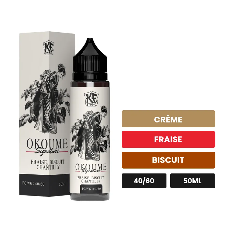E-liquide Okoume 40 60 de Cloud Vapor, 50 ml, saveurs crème, fraise et biscuit.