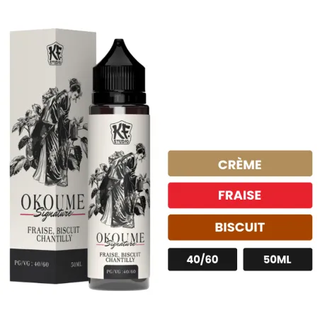 E-liquide Okoume 40 60 de Cloud Vapor, 50 ml, saveurs crème, fraise et biscuit.
