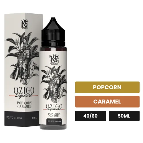 E-liquide Ozigo 40 60 de Cloud Vapor, 50 ml, saveurs popcorn et caramel.
