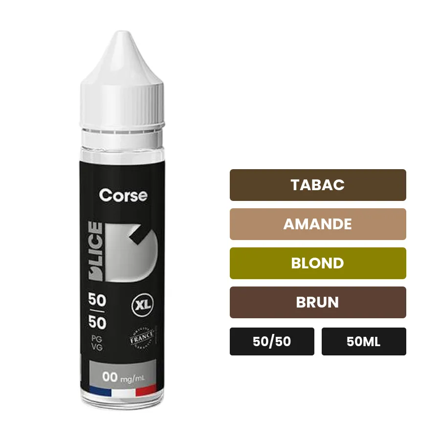 E-liquide Le Corse XL de D'Lice, 50 ml, saveurs tabac, amande, blond et 1 autre.