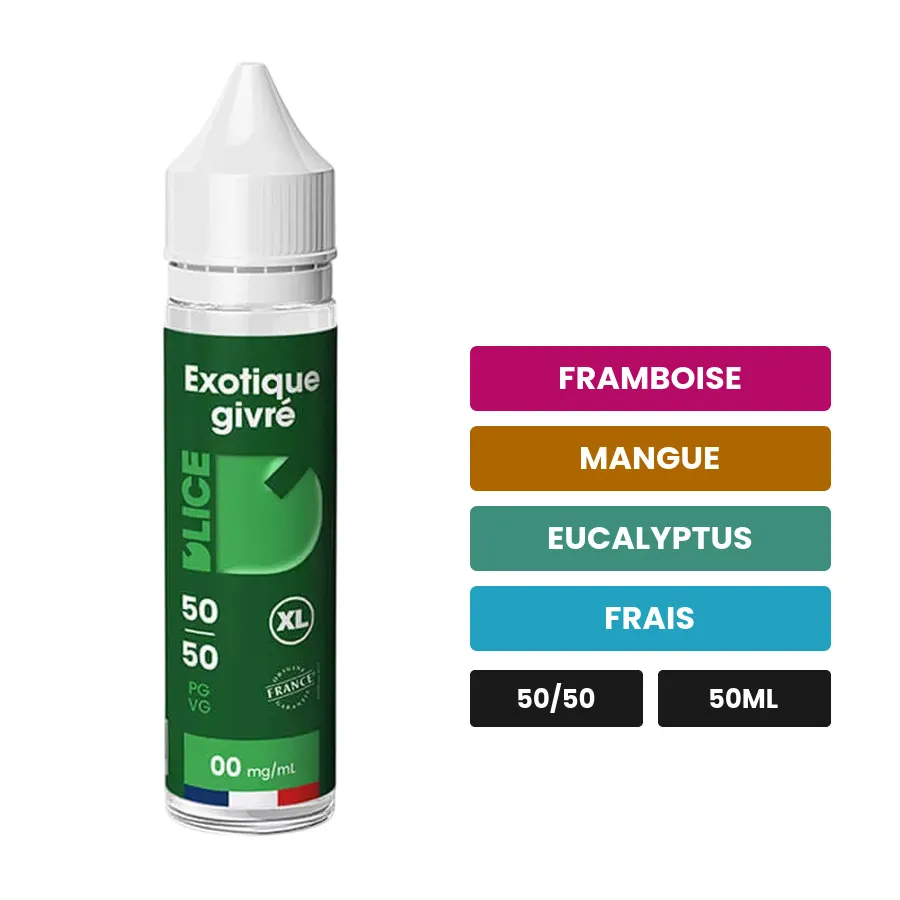 E-liquide Exotique Givré XL de D'Lice, 50 ml, saveurs framboise, mangue, eucalyptus et 1 autre.