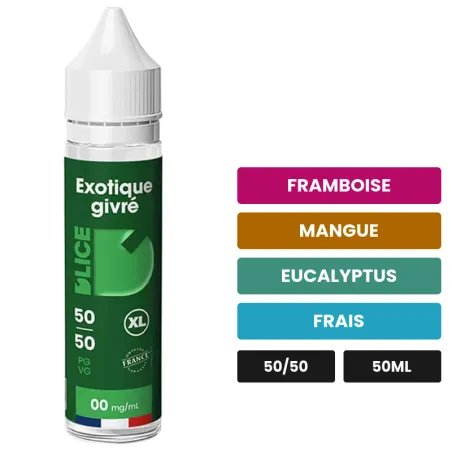 E-liquide Exotique Givré XL de D'Lice, 50 ml, saveurs framboise, mangue, eucalyptus et 1 autre.