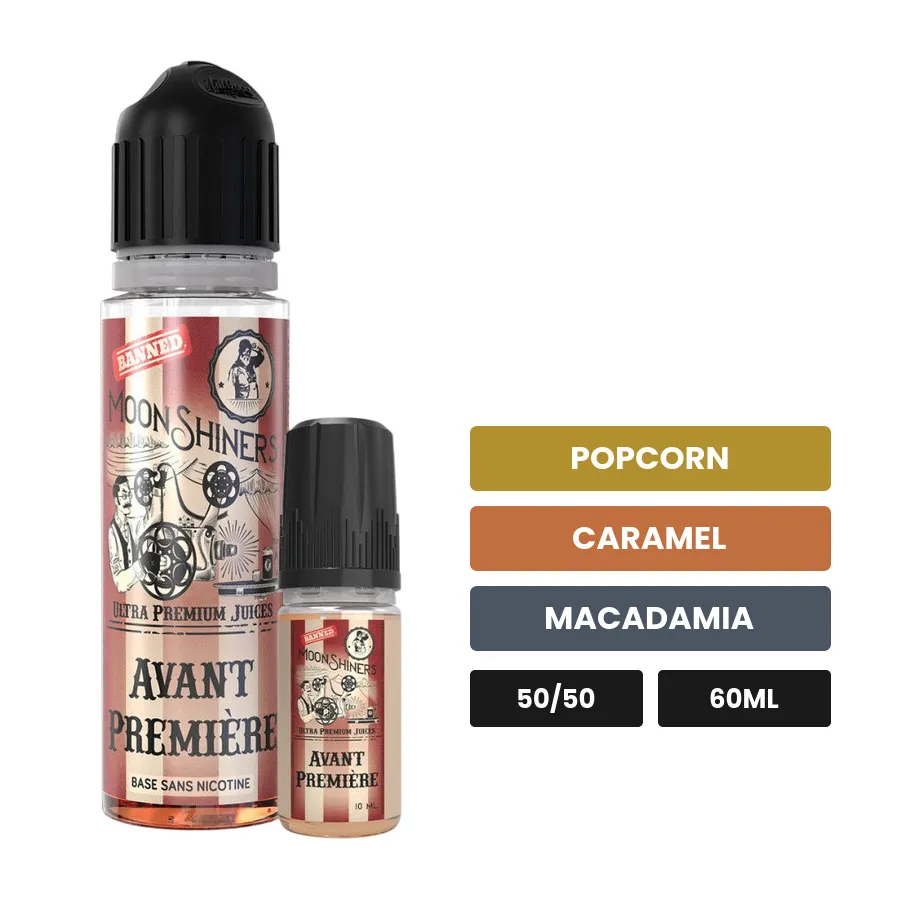 E-liquide Avant Première de Le French Liquide, 60 ml, saveurs popcorn, caramel et macadamia.