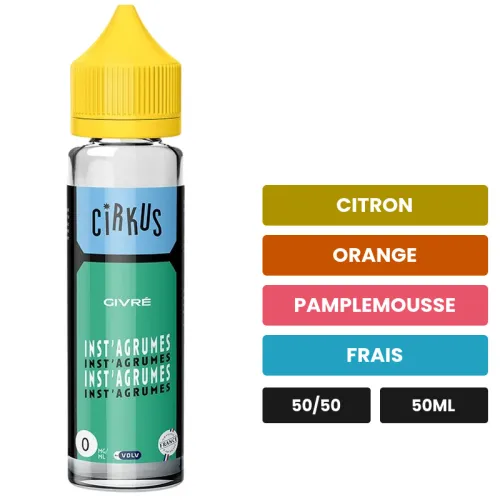 E-liquide Inst Agrumes Givre de Cirkus, 50 ml, saveurs citron, orange, pamplemousse et 1 autre.