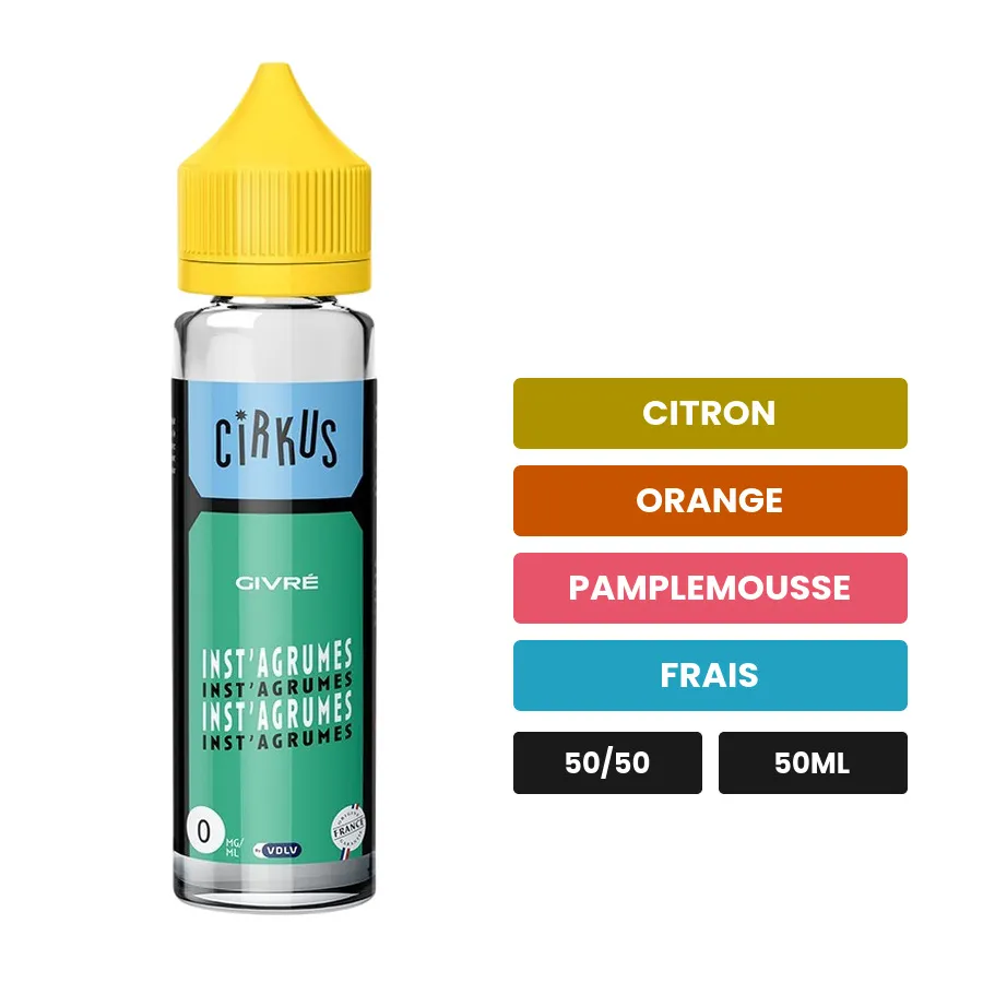 E-liquide Inst Agrumes Givre de Cirkus, 50 ml, saveurs citron, orange, pamplemousse et 1 autre.
