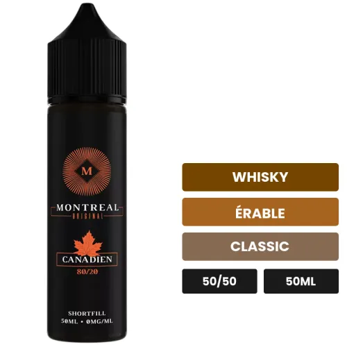 E-liquide Le Canadien de Montreal Original, 50 ml, saveurs whisky, érable et classic, sans nicotine — prêt à booster de.