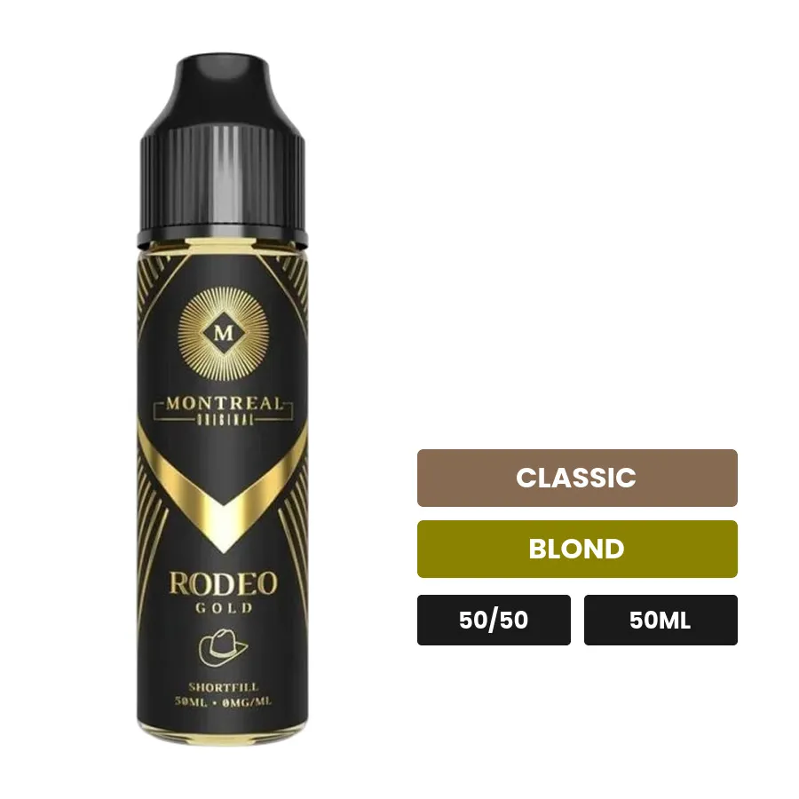 E-liquide Rodeo Gold de Montreal Original, 50 ml, saveurs classic et blond, sans nicotine — prêt à booster de nicotine.