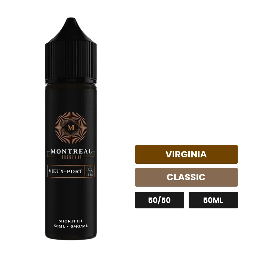 E-liquide Vieux-Port de Montreal Original, 50 ml, saveurs virginia et classic, sans nicotine — prêt à booster de nicotine.