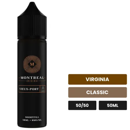 E-liquide Vieux-Port de Montreal Original, 50 ml, saveurs virginia et classic, sans nicotine — prêt à booster de nicotine.