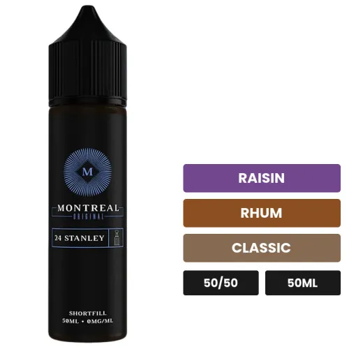E-liquide 24 Stanley de Montreal Original, 50 ml, saveurs raisin, rhum et classic, sans nicotine — prêt à booster de nicotine.