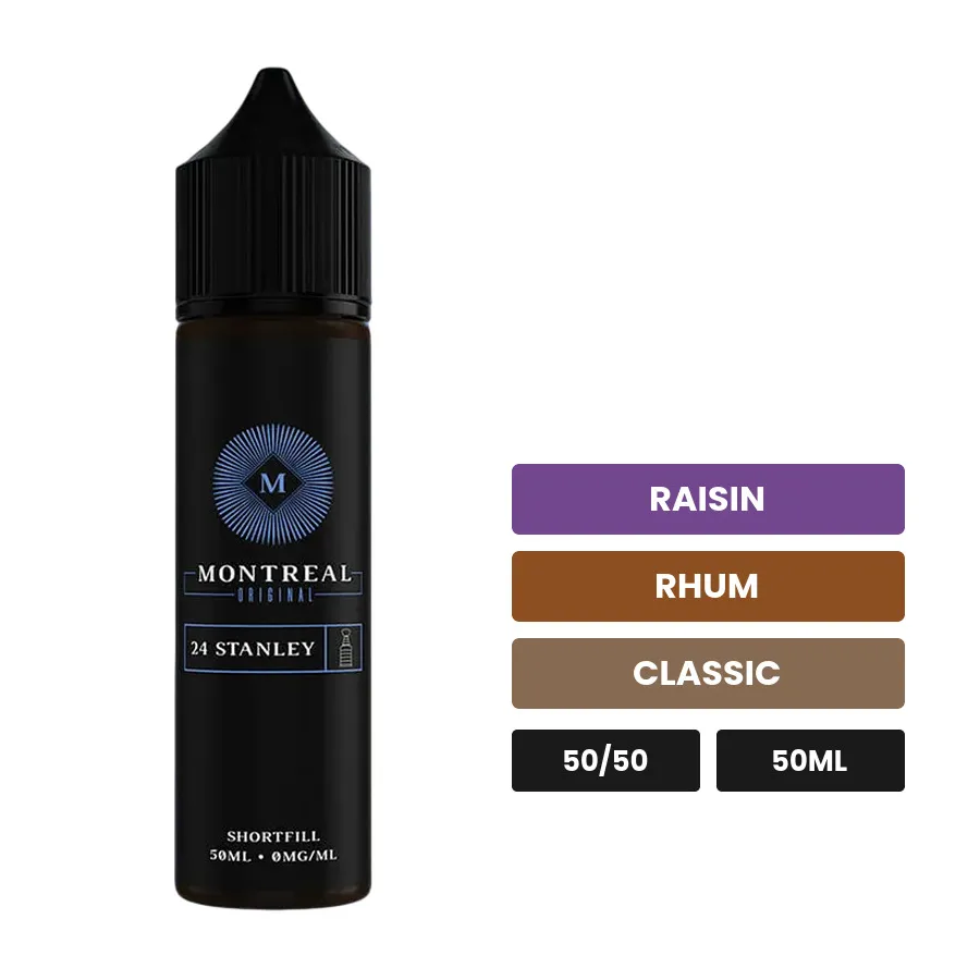 E-liquide 24 Stanley de Montreal Original, 50 ml, saveurs raisin, rhum et classic, sans nicotine — prêt à booster de nicotine.