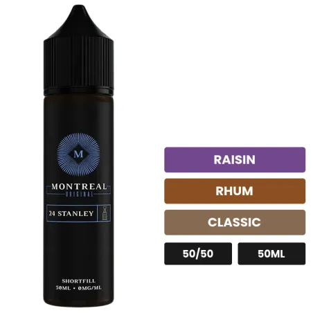 E-liquide 24 Stanley de Montreal Original, 50 ml, saveurs raisin, rhum et classic, sans nicotine — prêt à booster de nicotine.