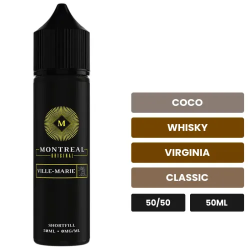 E-liquide Ville-Marie de Montreal Original, 50 ml, saveurs coco, whisky, virginia et 1 autre, sans nicotine — prêt à booster.