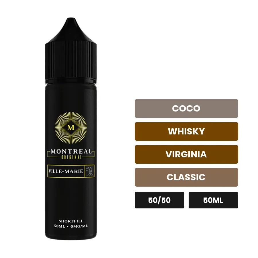 E-liquide Ville-Marie de Montreal Original, 50 ml, saveurs coco, whisky, virginia et 1 autre, sans nicotine — prêt à booster.