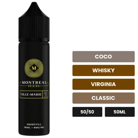 E-liquide Ville-Marie de Montreal Original, 50 ml, saveurs coco, whisky, virginia et 1 autre, sans nicotine — prêt à booster.