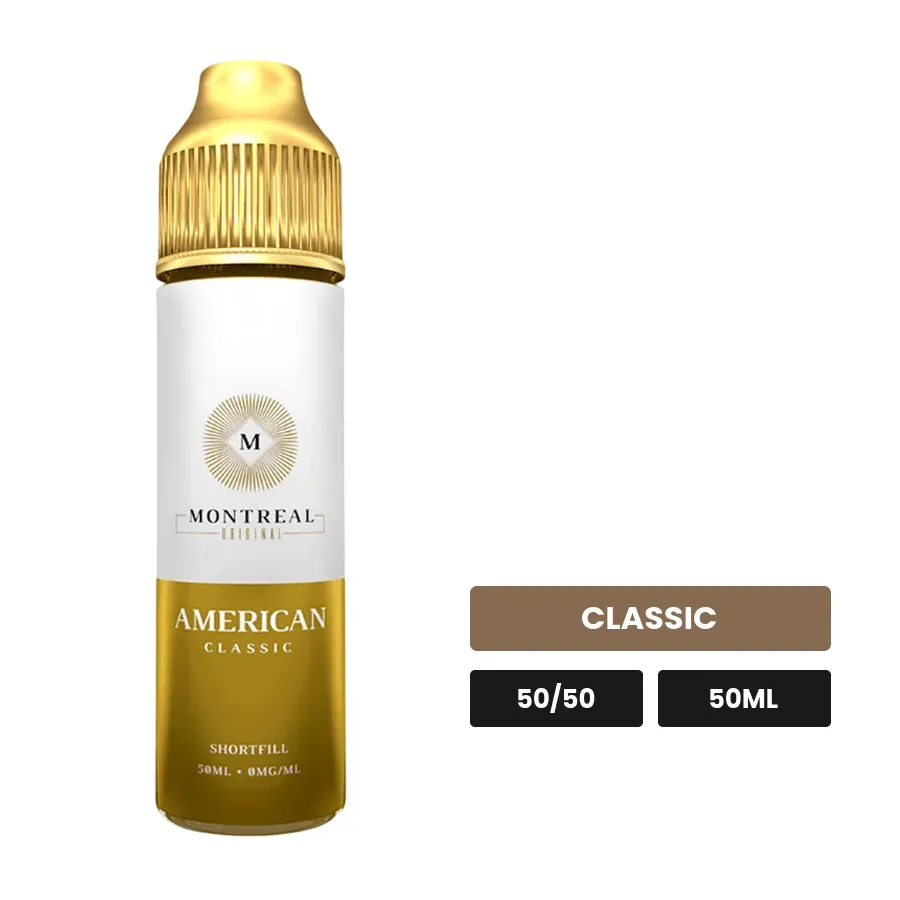E-liquide American Classic de Montreal Original, 50 ml, saveur classic, sans nicotine — prêt à booster de nicotine.