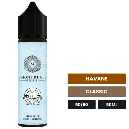 E-liquide Bagarreur de Montreal Original, 50 ml, saveurs havane et classic, sans nicotine — prêt à booster de nicotine.