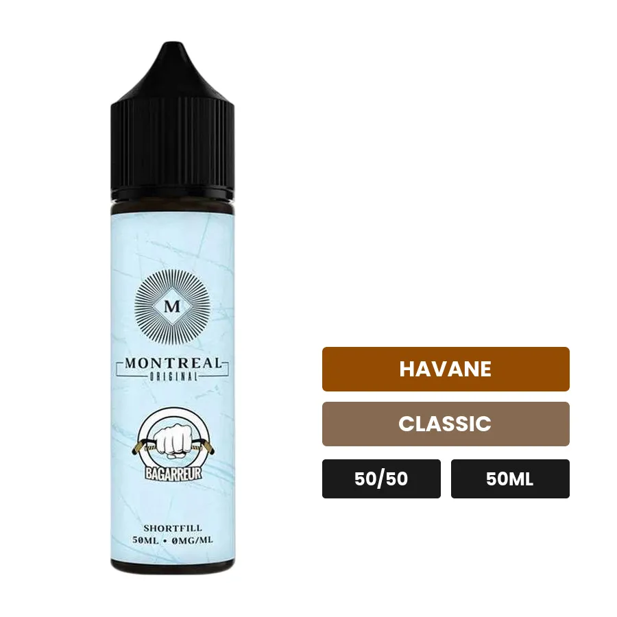 E-liquide Bagarreur de Montreal Original, 50 ml, saveurs havane et classic, sans nicotine — prêt à booster de nicotine.