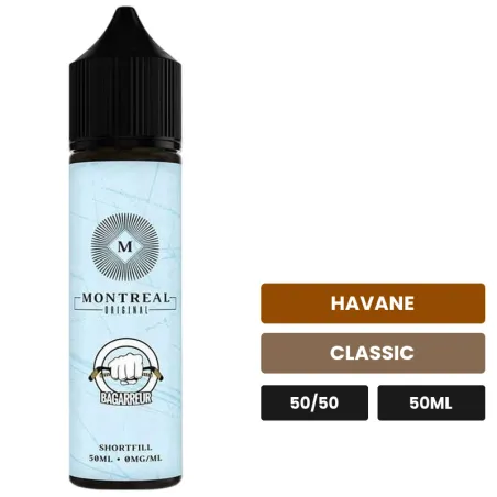 E-liquide Bagarreur de Montreal Original, 50 ml, saveurs havane et classic, sans nicotine — prêt à booster de nicotine.