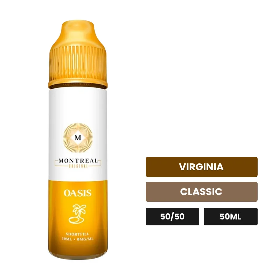 E-liquide Oasis de Montreal Original, 50 ml, saveurs virginia et classic, sans nicotine — prêt à booster de nicotine.